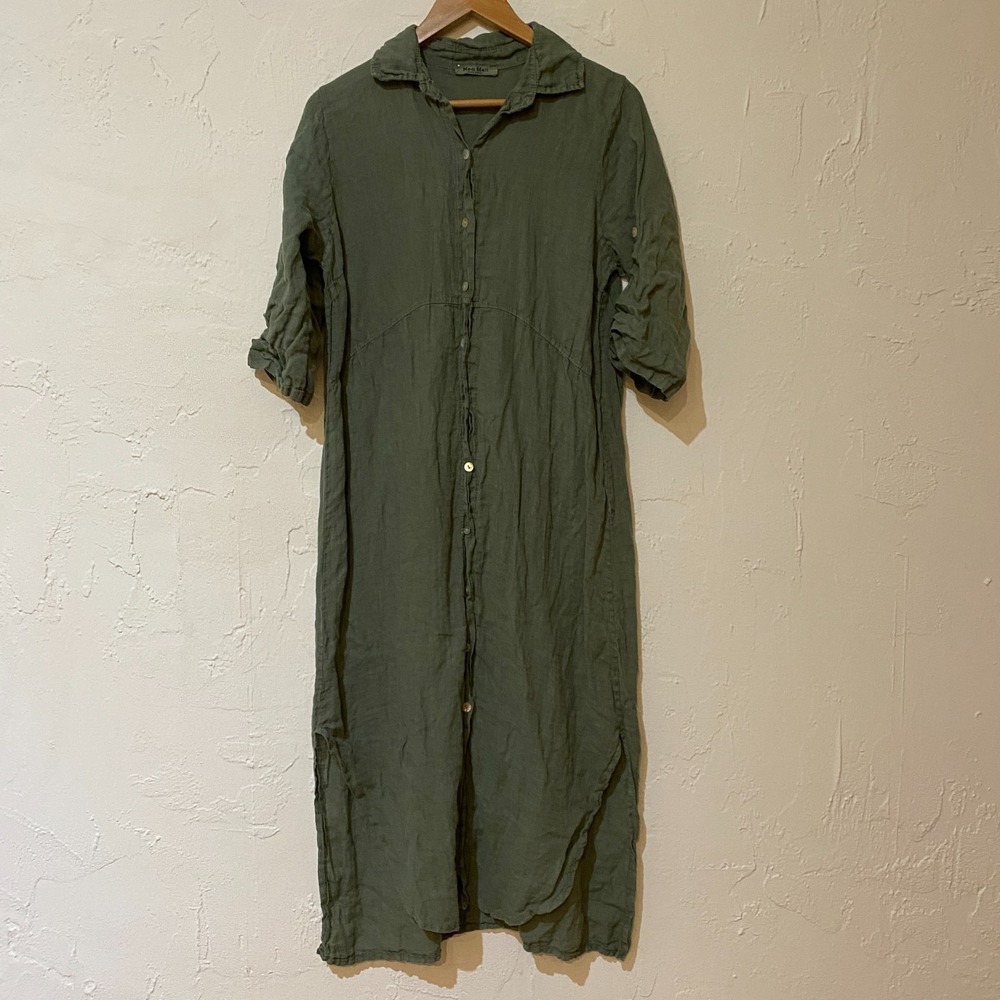 Meo Meli Linen Dress One Size Green Button Up Shirt Lagenlook Beach Coastal